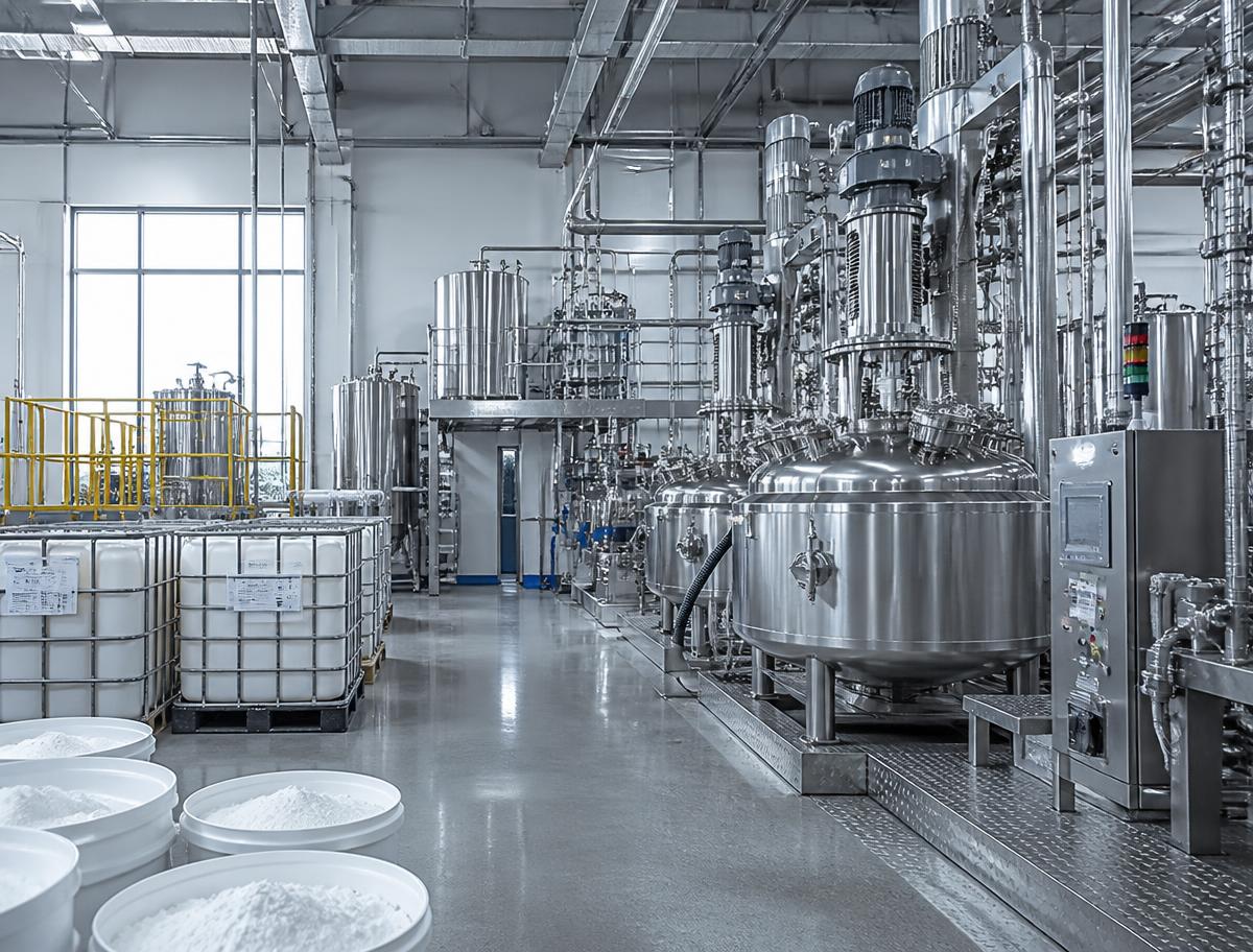 Planta industrial de processamento químico com reatores e tubulações